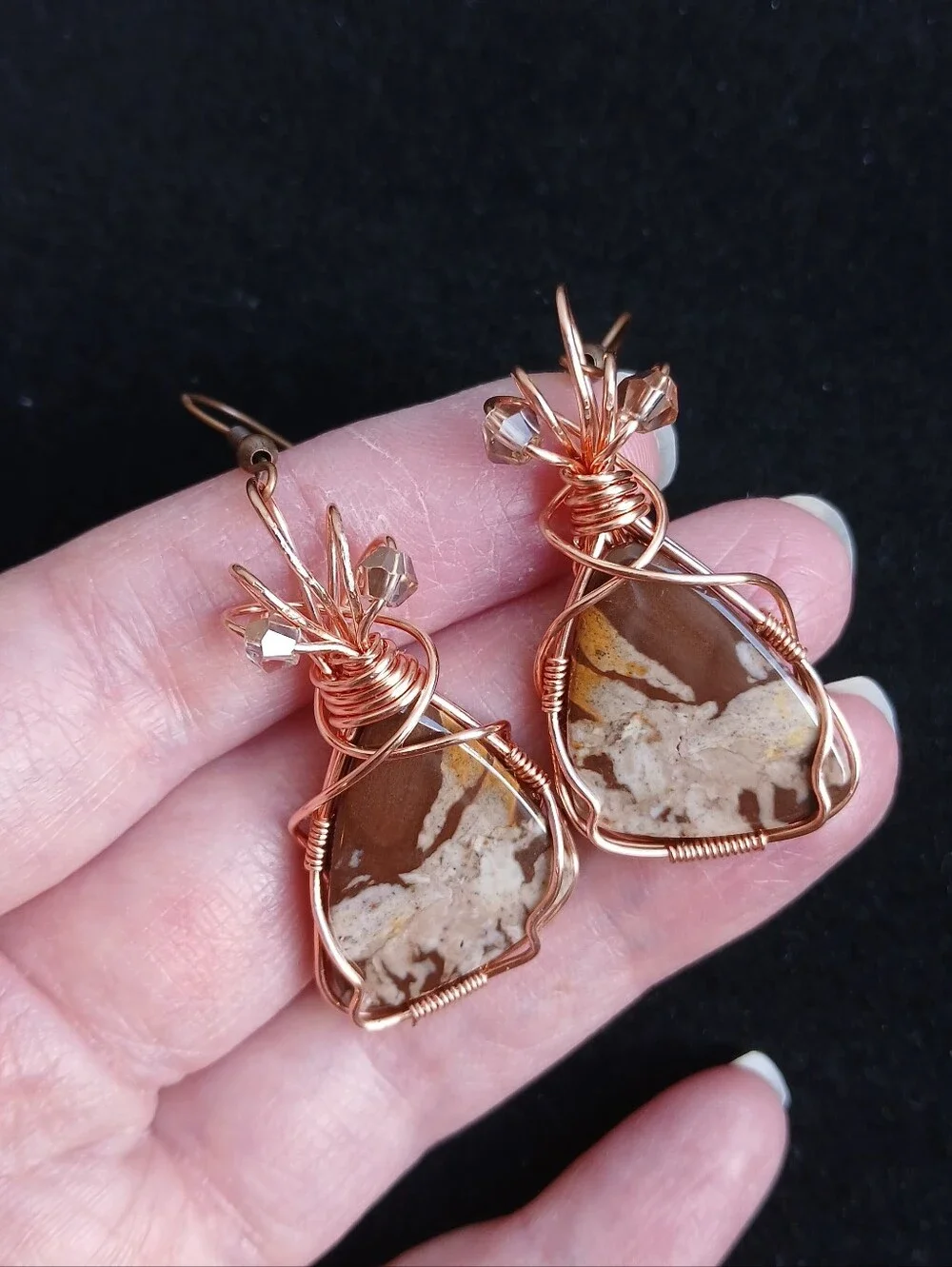Copper wire wrapped brown tan outback Jasper dangle earrings handmade new - Picture 5 of 6